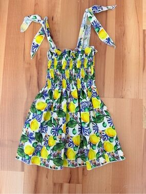 Lemon Print Tie-Shoulder Sundress - Yellow & Blue